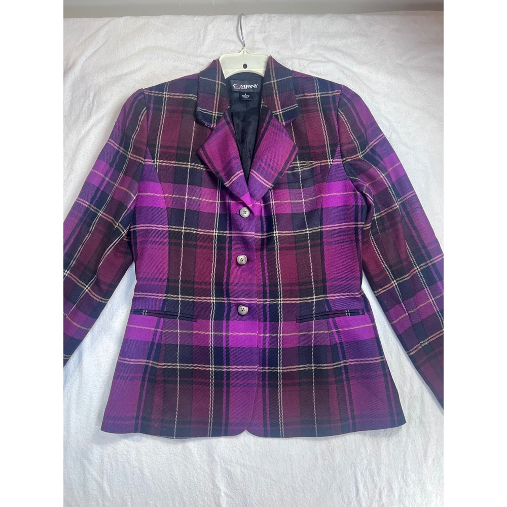 Company Ellen Tracy Purple Plaid 100% Wool Blazer Jacket Size 8 Womens